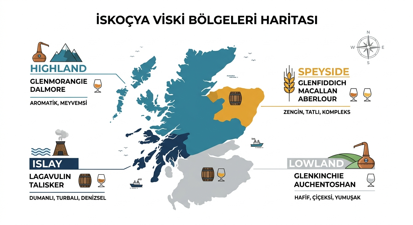 İskoçya single malt viski bölgeleri haritası — Speyside, Highland, Islay ve aroma profilleri